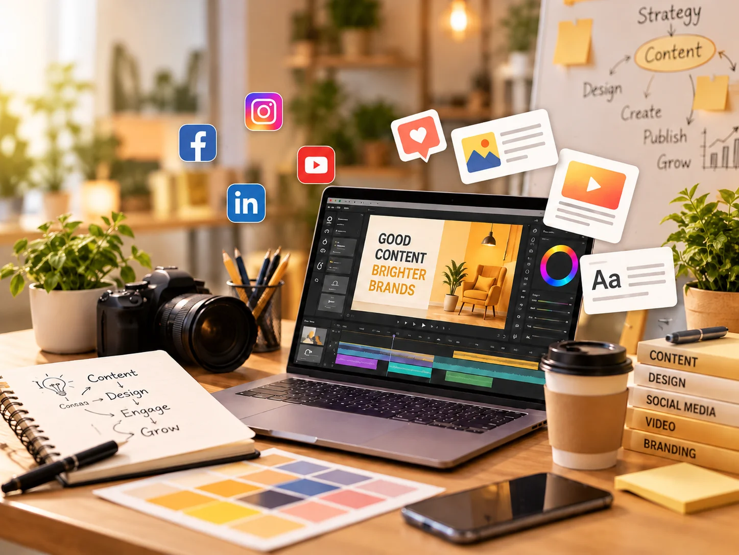Content creation studio desk with camera, editing workspace and brand materials