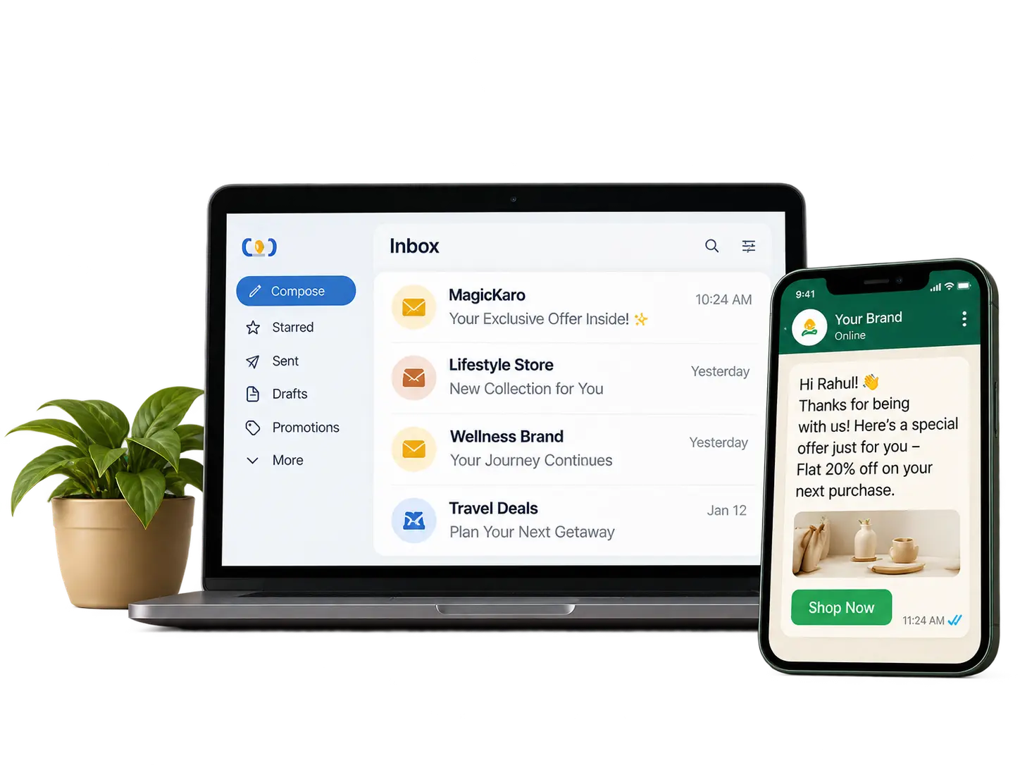 Modern email and WhatsApp marketing touchpoints across digital devices
