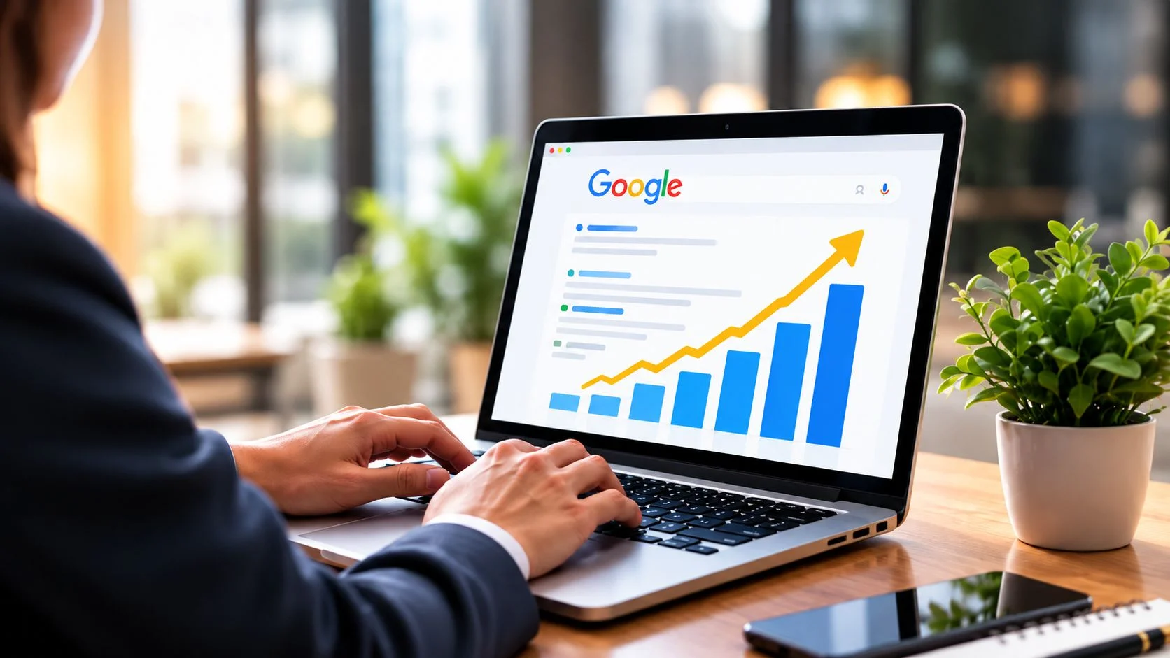 SEO specialist researching keywords and reviewing search analytics on a laptop